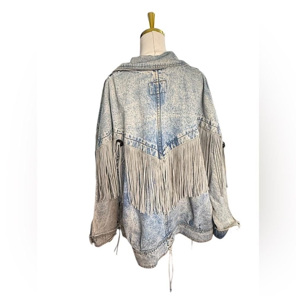 Vintage Rock Creek Distressed Fringe AcidWash Leather Fringe Jean Jacket Sz 18W - Picture 3 of 12